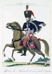 A királyi gárda huszárainak lovas tisztje, a Troupes Francaises-tól, kocsma. Chez Basset, Párizs, 1790 körül