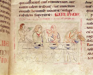 Ms.1215 t.3 fol.158v, Étkezés Judittal és Holofernesszel, Etienne Harding Bibliájából, 1109