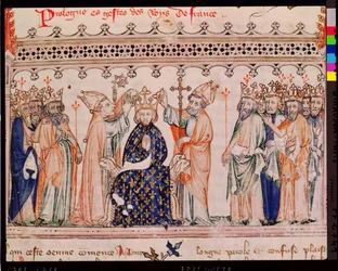 Ms.1469 f.1 III. Merész Fülöp (1245-85) francia király felszentelése, a Grandes Chroniques de France-ból, 1375-79