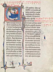 Ms.838 fol.55 Történeti „U” és „I” kezdőbetűk, amelyek a születést és a kisgyermek Krisztust ábrázolják, „Obituaire de Notre Dame de Pres”-ből, 1270 után (lásd még: 155905)