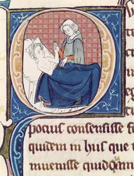 Ms 1003 f.185v Beteg vizsgálata, Claudius Galenus (130 körül-201 körül) Oeuvres de Galienből