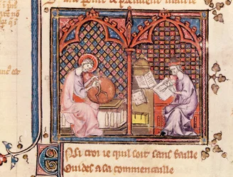 Ms 1044 Fol.16v A szó, a világ teremtője és a könyvét író szerző, Ovide Moralise-ból, írta Chretien Legouais