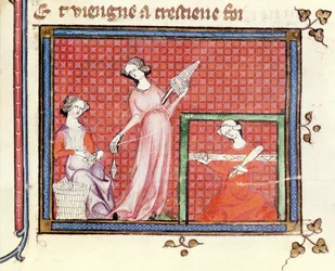 Ms 1044 fol.101 A Szentírás erős asszonya, forog a szolgáival, az Ovide Moralise-ból, írta Chretien Legouais