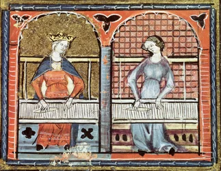 Ms 1044 fol.89v Women Weaving, Ovide Moralise, írta: Chretien Legouais