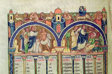 Ms 10 f.128v Az evangélisták kánonja, részlet, amely Krisztust ábrázolja, amint meggyógyítja a vízhiányos embert, és kiűzi a démonokat egy megszállt emberből, latin nyelvű Bibliából