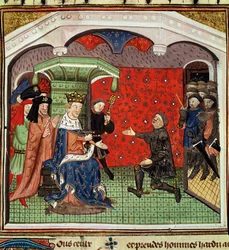 Ms. 1142 fol.4 Bertrand du Guesclin (kb. 1320-80) V. Károly (1338-80) és udvara előtt