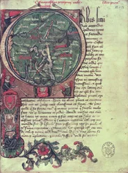 Ms 1321 fol.12 Történeti "O" kezdőbetű, amely a Földet ábrázolja, Pomponius Mela (Kr.u. 50 körül) "De Situ Orbis" című művéből 1418 1418