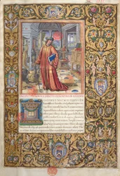 Ms. 1581 f. 001 Flavius Josephus tanulmányában, illusztráció a zsidók régiségei (Antiquitates Judaicae) prológusához, Flavius Josephus, 1503 körül