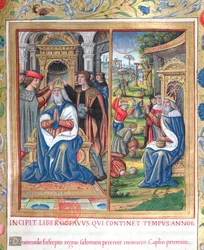 Ms. 1581 f. 154 Illusztráció a VIII. könyvből (Dávid halálától Akháb haláláig), Flavius Josephus A zsidók régiségei (Antiquitates Judaicae) 1. fejezete – Hogyan Salamon, amikor