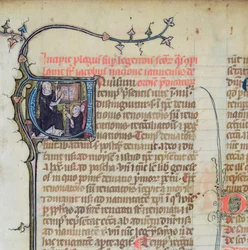 Ms 1721 Fol.1 domonkos szerzetes, aki előadásokat tart két másik szerzetesről, Jacques de Voragine Legenda Sanctorum Aurea-ból