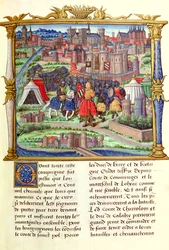 Ms 18. fol.19r Charolais grófja és serege érkezése Párizs ostrománál, a Memoires de Philippe de Comminnes, 1489-98