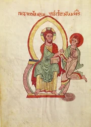 Ms. 1 Fol 111v Saint John fut, hogy befogadja az evangéliumot Krisztustól, egy mandorlában ülve, miniatűr Saint-Michel-de-Cuxa evangéliumából, 1070-1130 körül