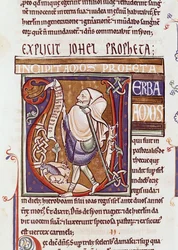 Ms 1 fol.194v, Amost ábrázoló, előzményezett V kezdőbetű, a Souvigny-bibliából