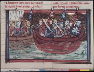 Ms 22495 fol.287 Felszállás külföldre, Le Roman de Godefroi de Bouillonból, 1337