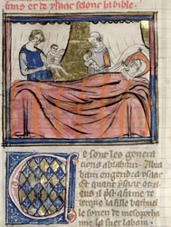 Ms 22 fol.30 Az ikrek Jákob és Ézsau születése, miniatűr Guiart des Moulins Biblia történetéből