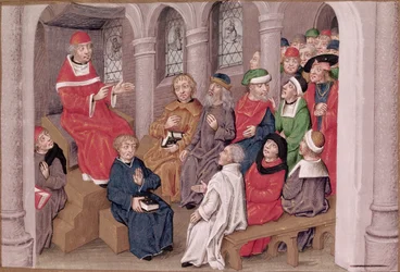 Ms 230 fol.25 Jean de Gerson (1363-1429) a passiót prédikálja vacsora után a párizsi Szent Bernát-templomban, a Sermons sur la Passion et Traites Divers-ből, 1480 körül