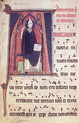 Ms 241 f.1 Történeti kezdetű A, amely Szent Gergelyt ábrázolja, a Vauclair-i apátsági templom felszentelésére szolgáló antifonálból, 1257
