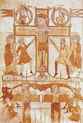Ms 24 fol.7v A keresztre feszítés és a Megváltó ruháinak felosztása, egy evangéliumból