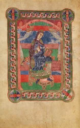 Ms 250 fol.43v St. Radegund (518-87) a trónon, Szent Radegund életéből