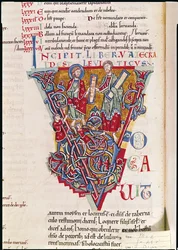 Ms 2 full.41v Történelmi V kezdőbetű, amely egy jelenetet ábrázol a Leviticus könyvéből, a Szent Benigne Bibliából
