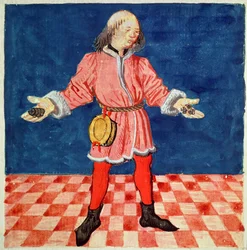 Ms. 3066 fol. 64v The Dice Thrower, a Le Livre des echecs moralisesből, Jacques de Cessoles