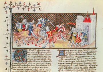 Ms 3479 t.1 fol.558 Lovagok harcának jelenete, a Livre de Messire Lancelot du Lacból