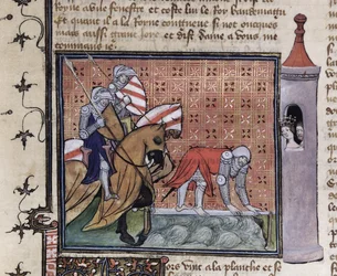 Ms 3480 fol.77 Lancelot átkelés a kardhídon, Sir Lancelot du Lac könyvéből