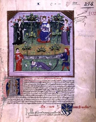Ms 3522 fol.1 A szerző, aki úgy tesz, mintha aludna, tanúja egy lovag és egy püspök vitájának, a „Somnium Viridarii” (Le Songe du Vergier) című művéből, amelyet 1376-ban komponált V. Károly (1338-80) parancsára (vellum). )