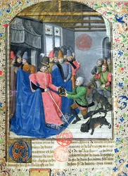 Ms 3717 Huntsman átadja a szerzőnek Gaston Phebus de Foix (1331-91) Livre de la Chasse című, vadászatról szóló értekezését.