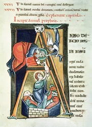 Ms 3 fol.233 Historizált kezdeti A, amely Danielt az Oroszlánok barlangjában ábrázolja, a Saint-Sulpice de Bourges Bibliából
