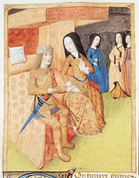 Ms 493 f.74v Aeneas és Dido, Vergilius (Kr. e. 70-19) műveiből, 1469