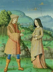 Ms 493 fol.123v Aeneas és Anne, Dido nővére találkozása Az Aeneisből Servius kommentárjával, 1469