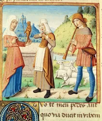 Ms 493 fol.15v Menalcas pásztor és viszonzatlan szerelme, Vergilius Az eclogues című művéből Servius kommentárjával, 1469