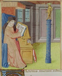 Ms 493 fol.29r Vergilius írása Artemisz előtt, Vergilius (Kr. e. 70-19) A Georgicsból, Servius kommentárjával, 1469