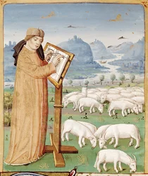 Ms 493 fol.37v Virgil Írás a juhok és kecskék mezején, Vergiliustól (Kr. e. 70-19) A Georgicsok című művéből Servius kommentárjával, 1469