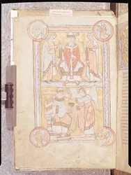 Ms 512 fol.4v Nagy Szent Gergely (540-604 körül) apja, Gordien és anyja, Silvia és egy vízbefulladt ember, mint angyal között, Liber Pastoralisból