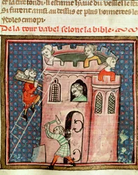 Ms 59 fol.17r Bábel tornyának építése, Guiart des Moulins Bible Historiale-jából