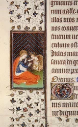 Ms 62, f.205v: Szűz és gyermek, részlet egy francia órakönyvből, 1445-50 körül (vellum)
