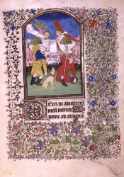 Ms 69 f.52r Két angyal jelenik meg a pásztoroknak, a besanconi Órakönyvből (pergamen)