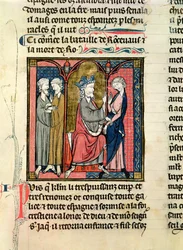 Ms 782 f.152r Charlemagne (742-814) Ganelont a Saragossai Kingshez, Marsile-hoz és Baliganthoz küldi a Chroniques de Saint-Denis-ből, 1275 körül