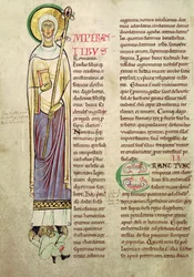 Ms 846 fol.137v Történeti kezdetű I, amely Szent Richrudiust ábrázol, a Recueil de Vie des Saints-ből