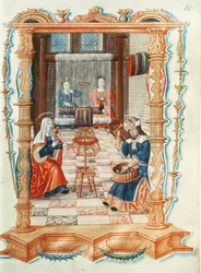 Ms Fr 1537 Fol.36 Szűz Mária szövő műhelyben, a Chants royaux sur la Conception Couronnee du Puy de Rouenből