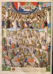 Ms Fr 18 Fol.3v Isten városa, Szent Ágoston műveinek Raoul de Presles által készített fordításából, kb. 1469-73