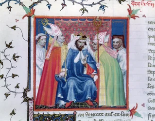 Fr. 2608. kézirat, 335v fólió: III. Fülöp (1245-85) koronázása, a Grandes Chroniques de France című műből, 1400 körül
