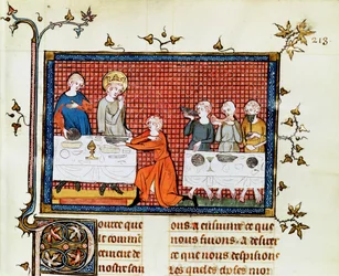 Ms. Fr. 5716 f.213 St. Louis, a szegények táplálása, St. Louis élete és csodáiból, 1330-40 körül