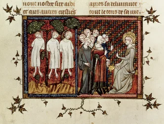 Ms Fr. 5716 fol.246 St. Louis ítéletet hirdet és elítéli Enguerrand de Coucyt (1228-1311) három fiatal nemes felakasztásáért, a St. Louis élete és csodáiból, 1330-40 körül