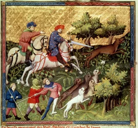 Ms Fr 616 fol.96v Wolf vadászat, Gaston Phebus de Foix (1331-91) könyvéből