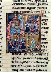 Ms Fr 9081 fol.206 Történelmi kezdetű C, amely III. Konrád (1137-52) német császárt és VII. Lajos (1120-80) francia királyt ábrázolja, aki 1148-ban Damaszkuszt ostromolta, Jeruzsálem történetéből, Vilmostól