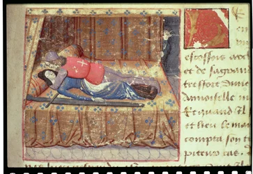 Ms Hunter 252 f.12r Ágyjelenet, a "Les Cent Nouvelles Nouvelles"-ből.
