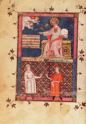 Ms Lat 14023 fol.1v Isten megteremti az orvostudományt és tudást ad az orvosoknak, Avicenna (Ibn Sina) Orvostudományi Kánonjából (980-1037), fordította Gerard de Cremone (1114087) c.1320